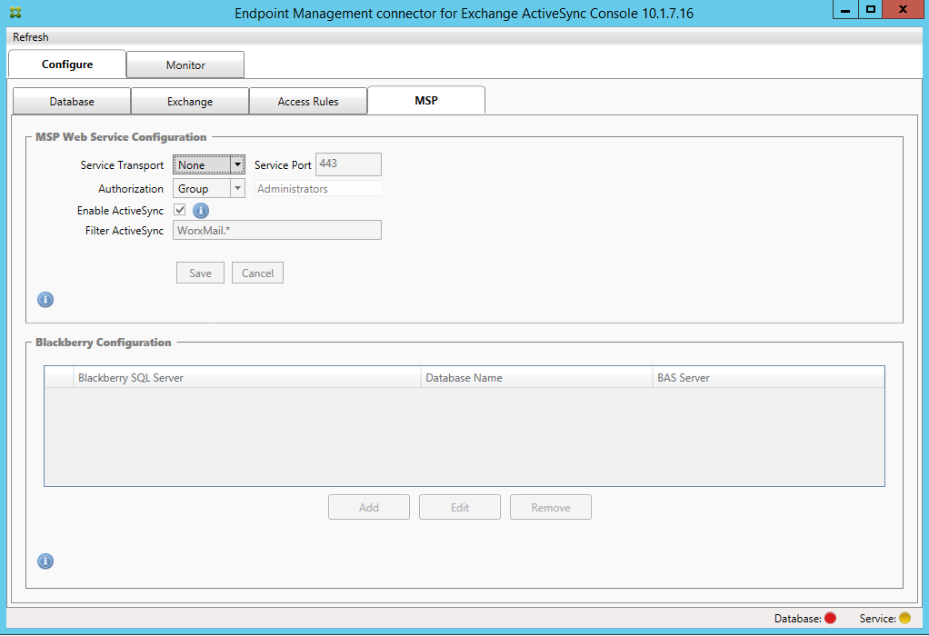 Exchange ActiveSync용 Endpoint Management 커넥터 콘솔 페이지의 이미지