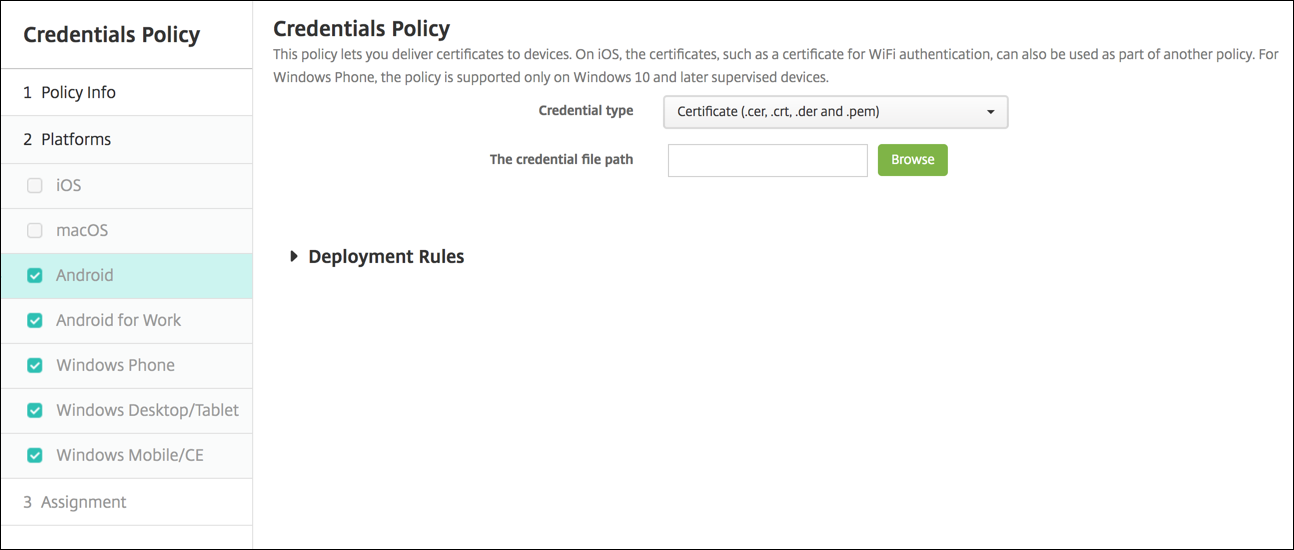 Credentials policy configuration screen