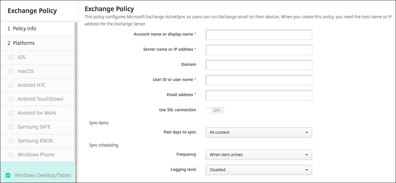 Image de l'écran de configuration Stratégies d'appareil