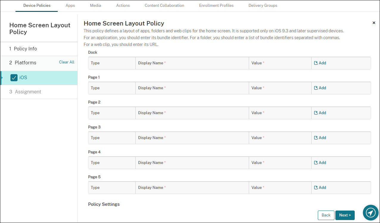 Imagem da tela de configuração de políticas de dispositivos