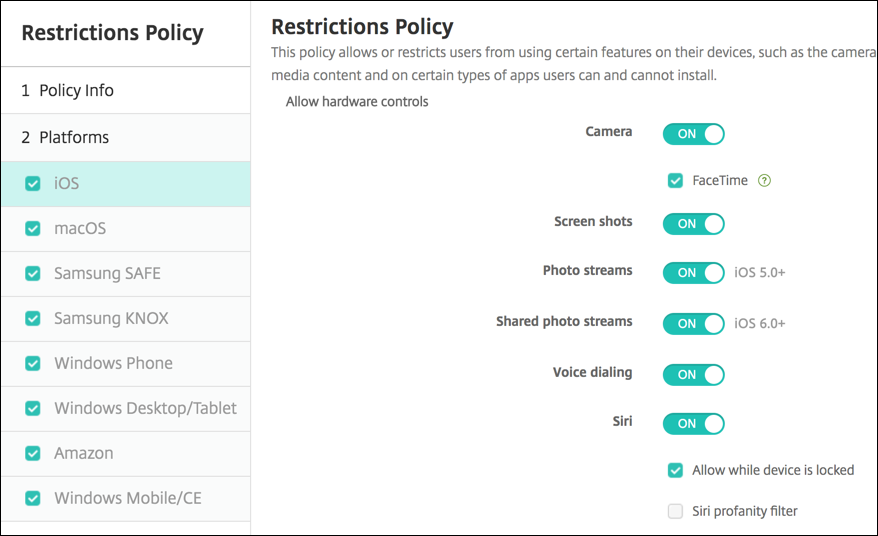 Image de l'écran de configuration Stratégies d'appareil