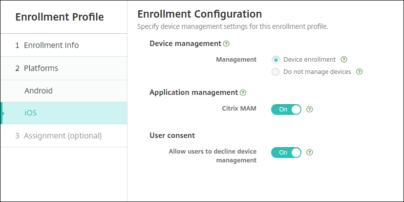 Enrollment Profile page for iOS