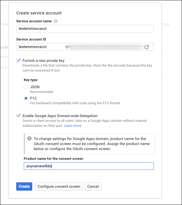 Image of the Create service account options
