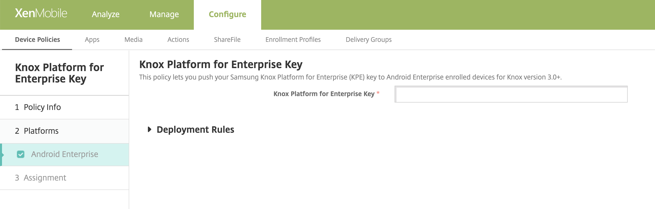 Imagem da tela de política de dispositivo do Knox Platform for Enterprise para Android Enterprise