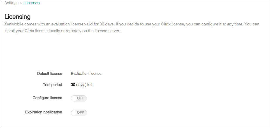 Imagen de la pantalla de configuración Licencias