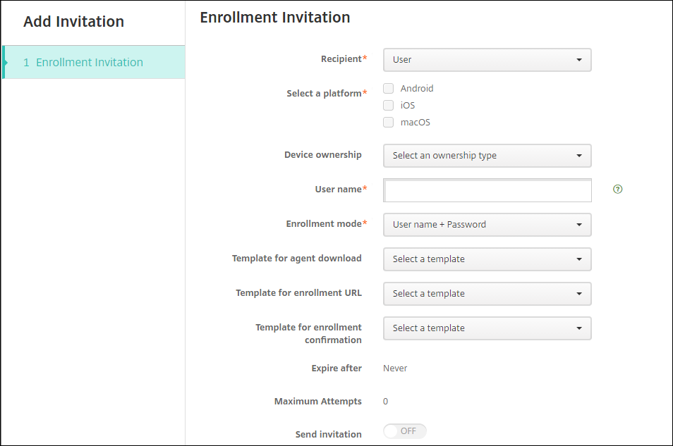 Imagem das configurações do convite para registro