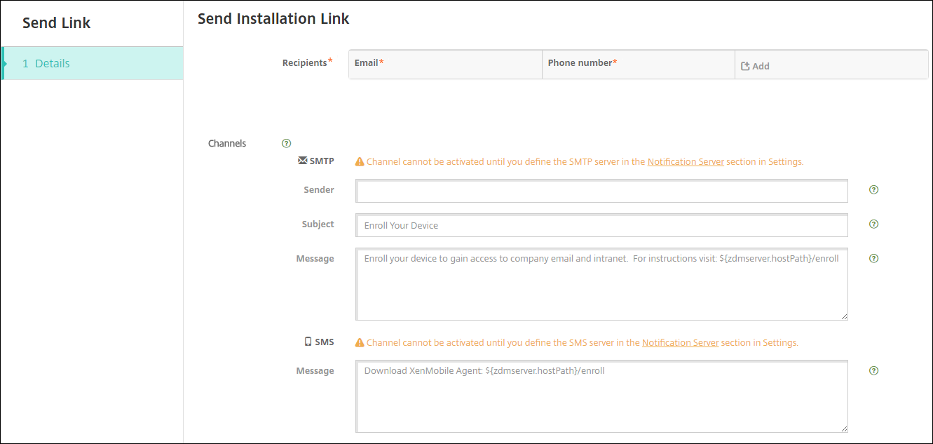 Image of Send Installation link page