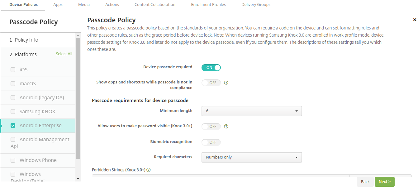 Image of Device Policies configuration screen