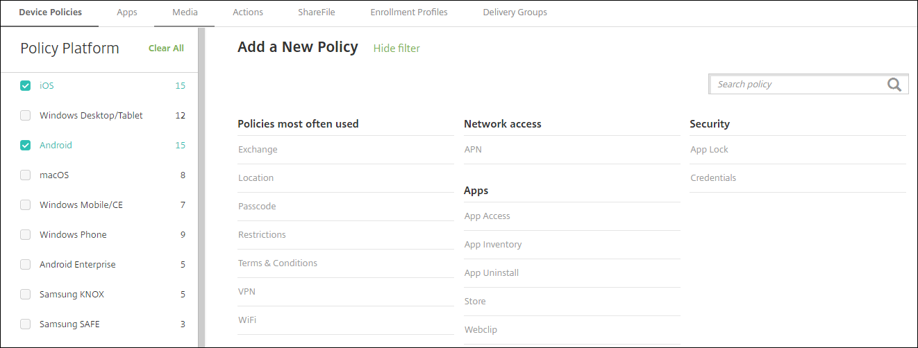 Image of Device Policies configuration screen filtered