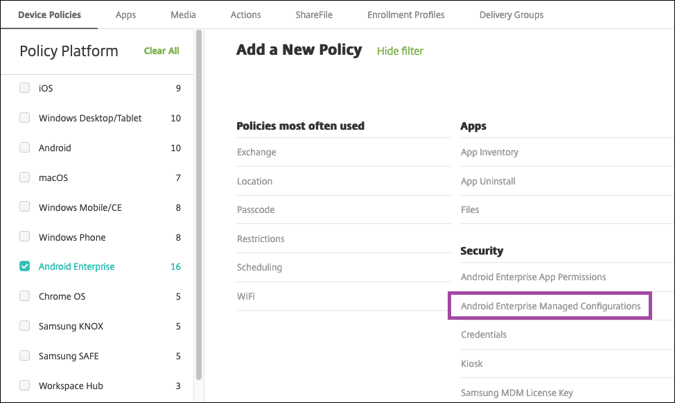 Imagem de políticas selecionadas do Android Enterprise