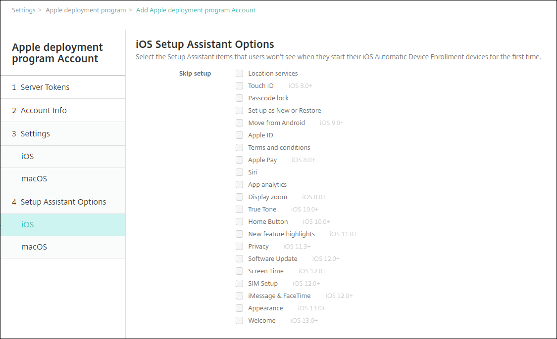 Bildschirm für die Apple-Bereitstellungsprogramm-Einstellungen
