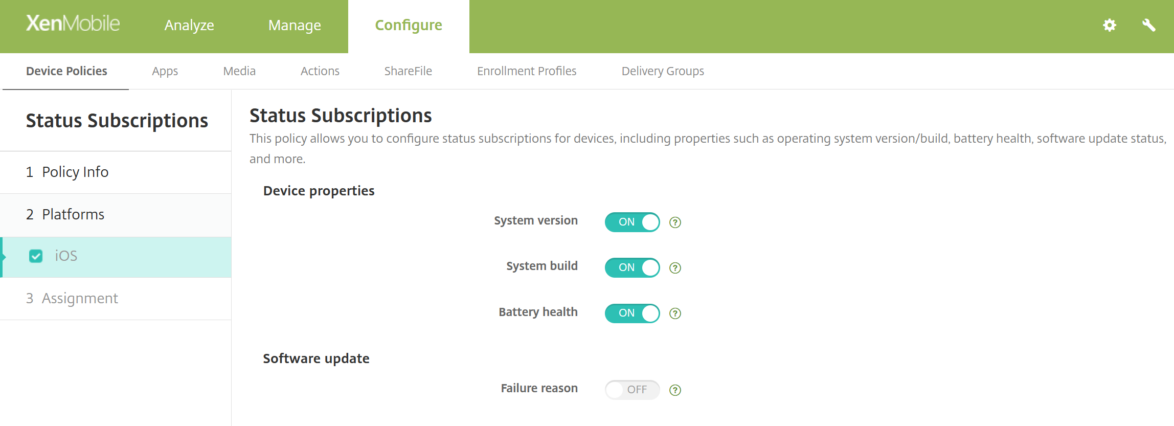 Status Subscriptions device policy 