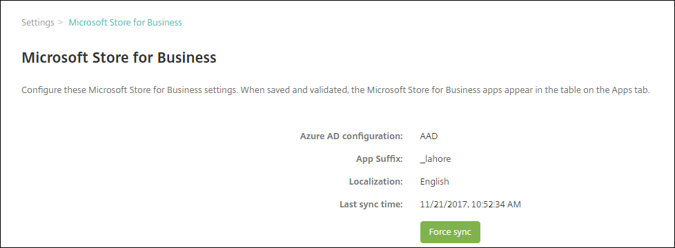 Imagem da tela de configurações do Microsoft Store for Business