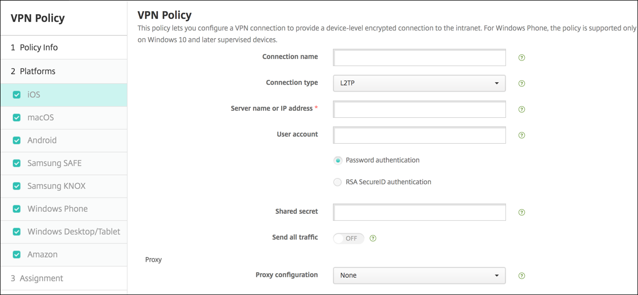 Écran de configuration Stratégies d’appareil