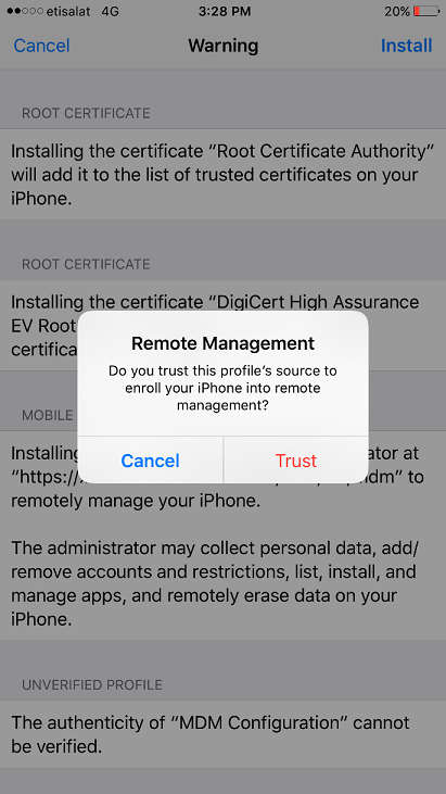 Image of Remote Management trust screen