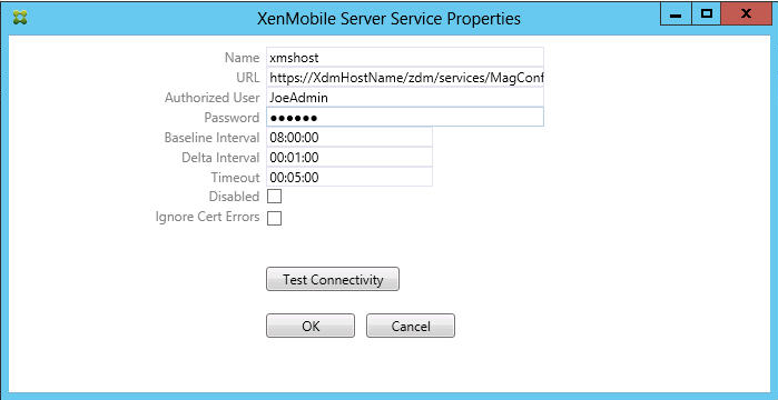 Imagem da página do console do conector de Endpoint Management para Exchange ActiveSync