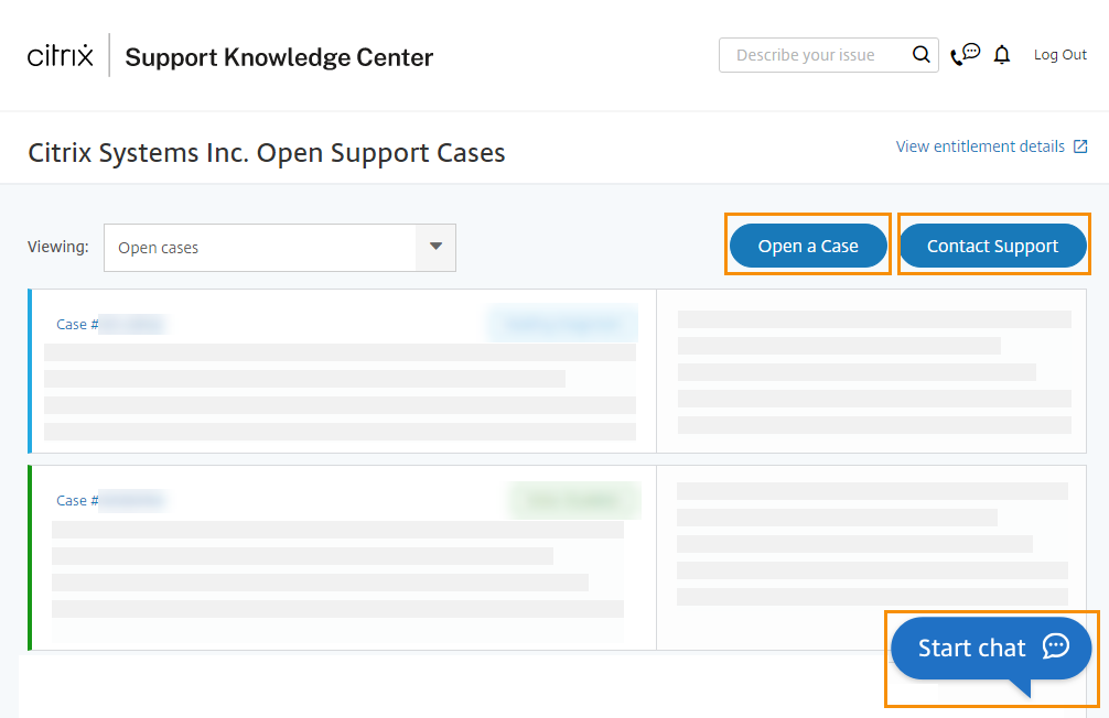 連絡先オプションが強調表示されたCitrix Support Knowledge Center
