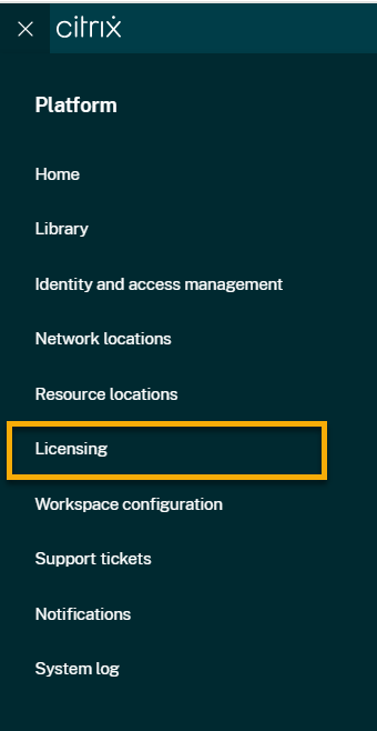 Citrix Cloud Licensing menu
