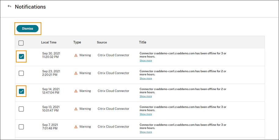 Notifications page with single notifications and Dismiss button highlighted