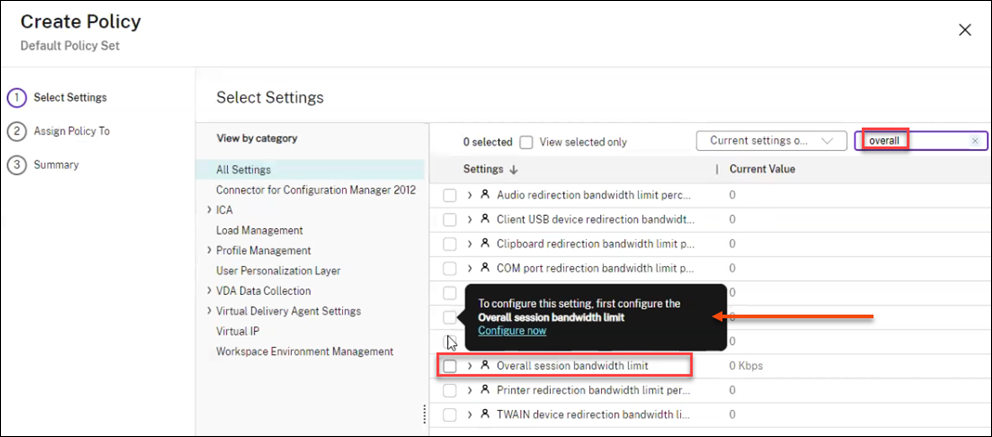 Dependent policy settings