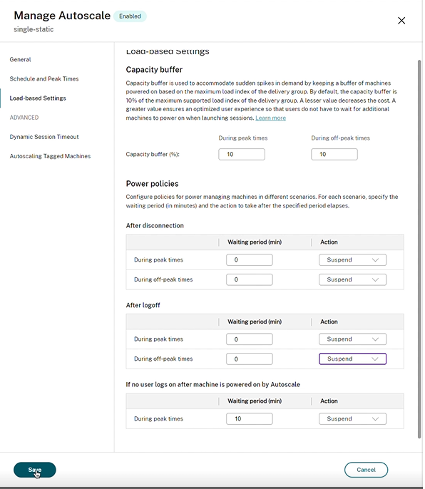 Power policies settings