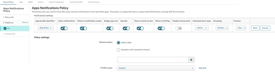 Device Policies configuration screen