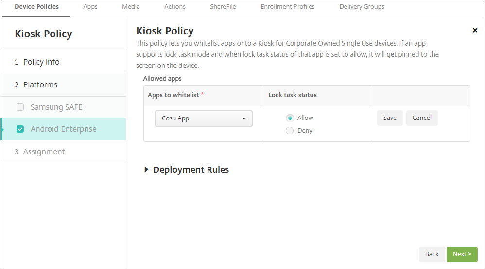 Device Policies configuration screen