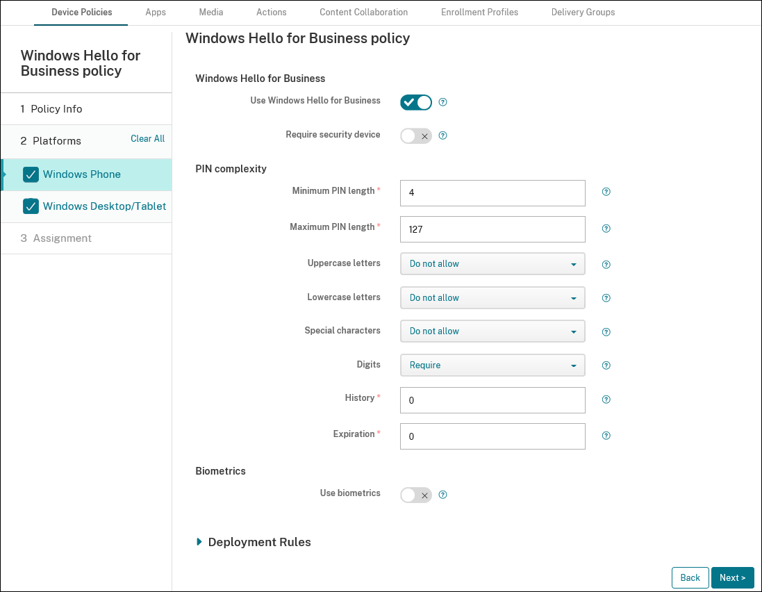 Device Policies configuration screen