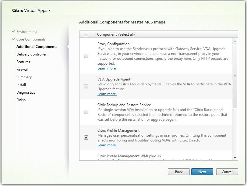 Additional Components page in VDA installer