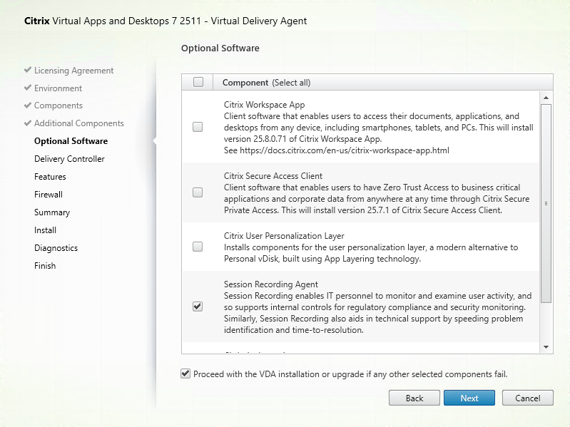 Optional Software page in VDA installer 1