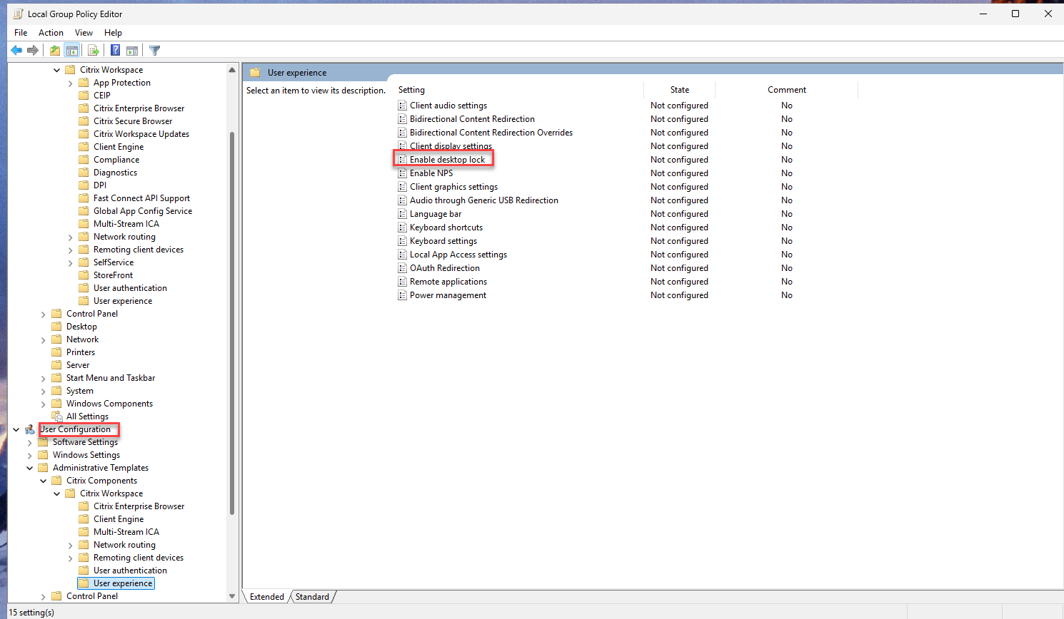 特定のデスクトップロックを有効にする