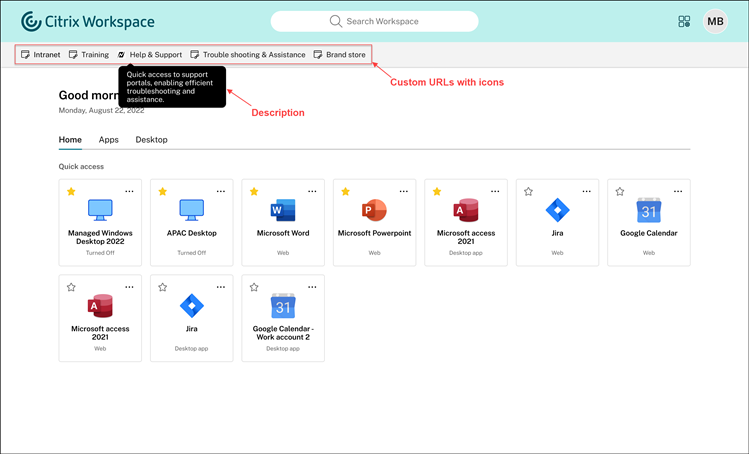 Screenshot of pinned links