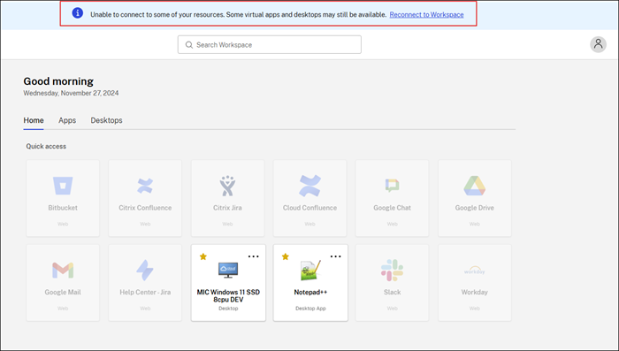 Citrix Workspace app home page showing service continuity outage message and apps